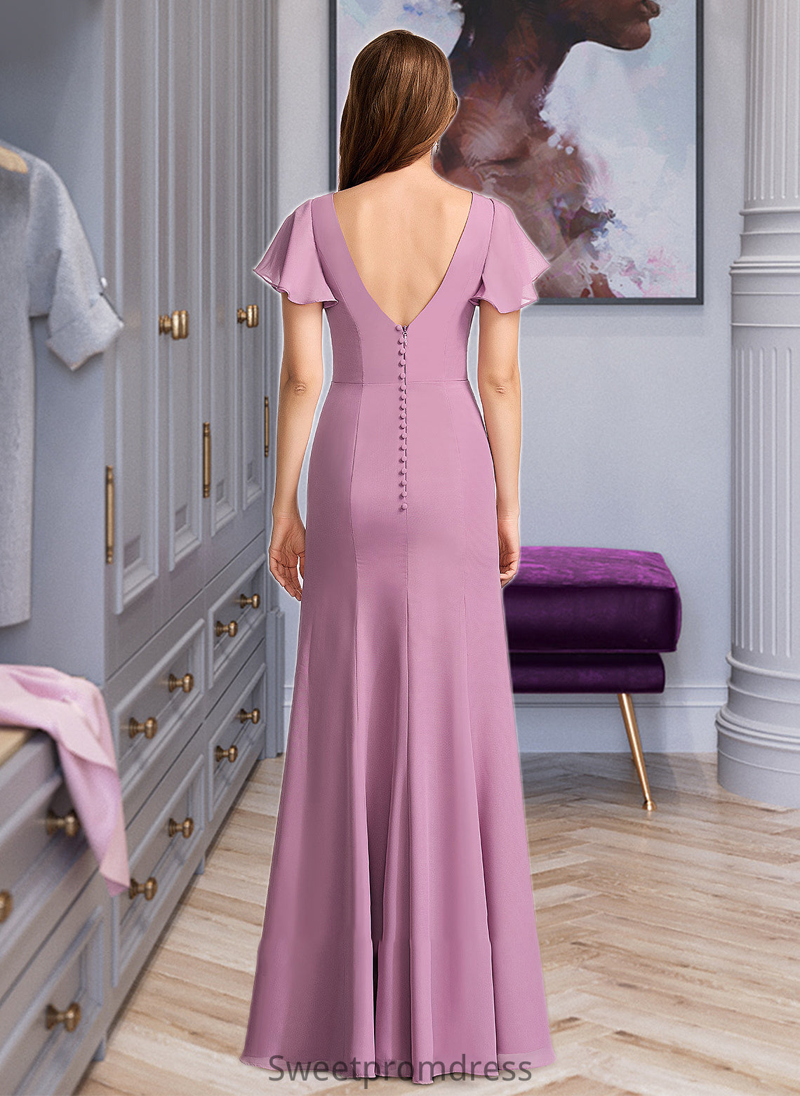 Charlee Sheath/Column V-neck Floor-Length Bridesmaid Dress With Ruffle DHP0012960