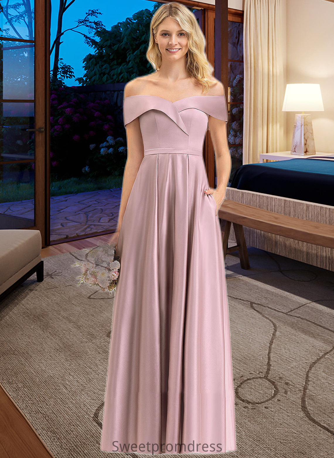 Kaya A-Line Off-the-Shoulder Floor-Length Satin Bridesmaid Dress With Pockets DHP0012961