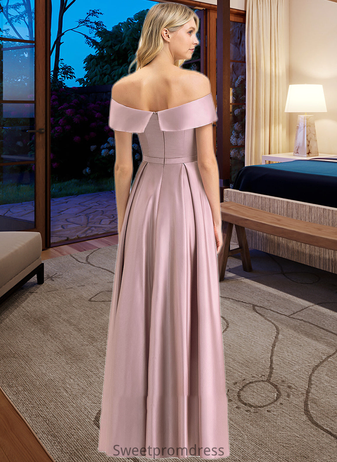 Kaya A-Line Off-the-Shoulder Floor-Length Satin Bridesmaid Dress With Pockets DHP0012961