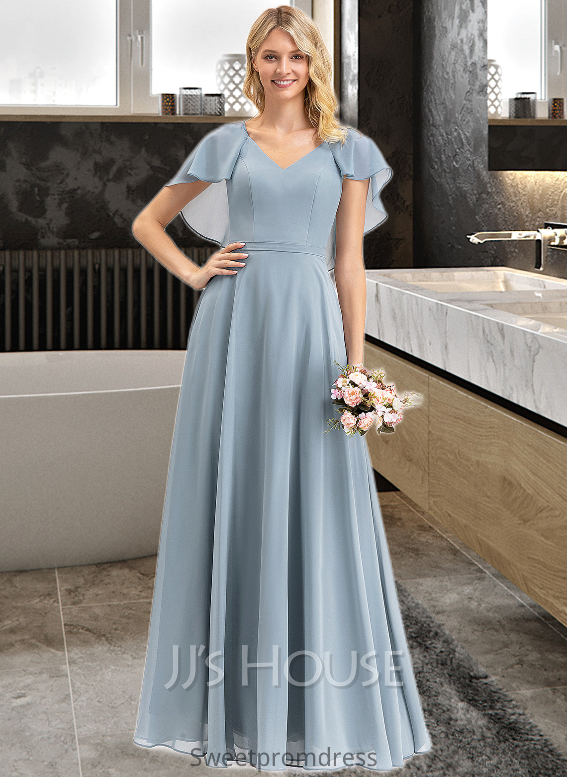 Alayna A-line V-Neck Floor-Length Chiffon Bridesmaid Dress With Cascading Ruffles DHP0012962