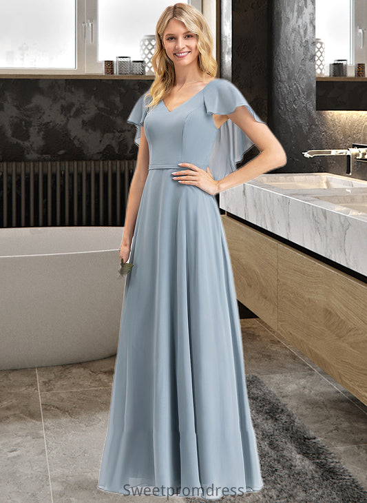 Alayna A-line V-Neck Floor-Length Chiffon Bridesmaid Dress With Cascading Ruffles DHP0012962