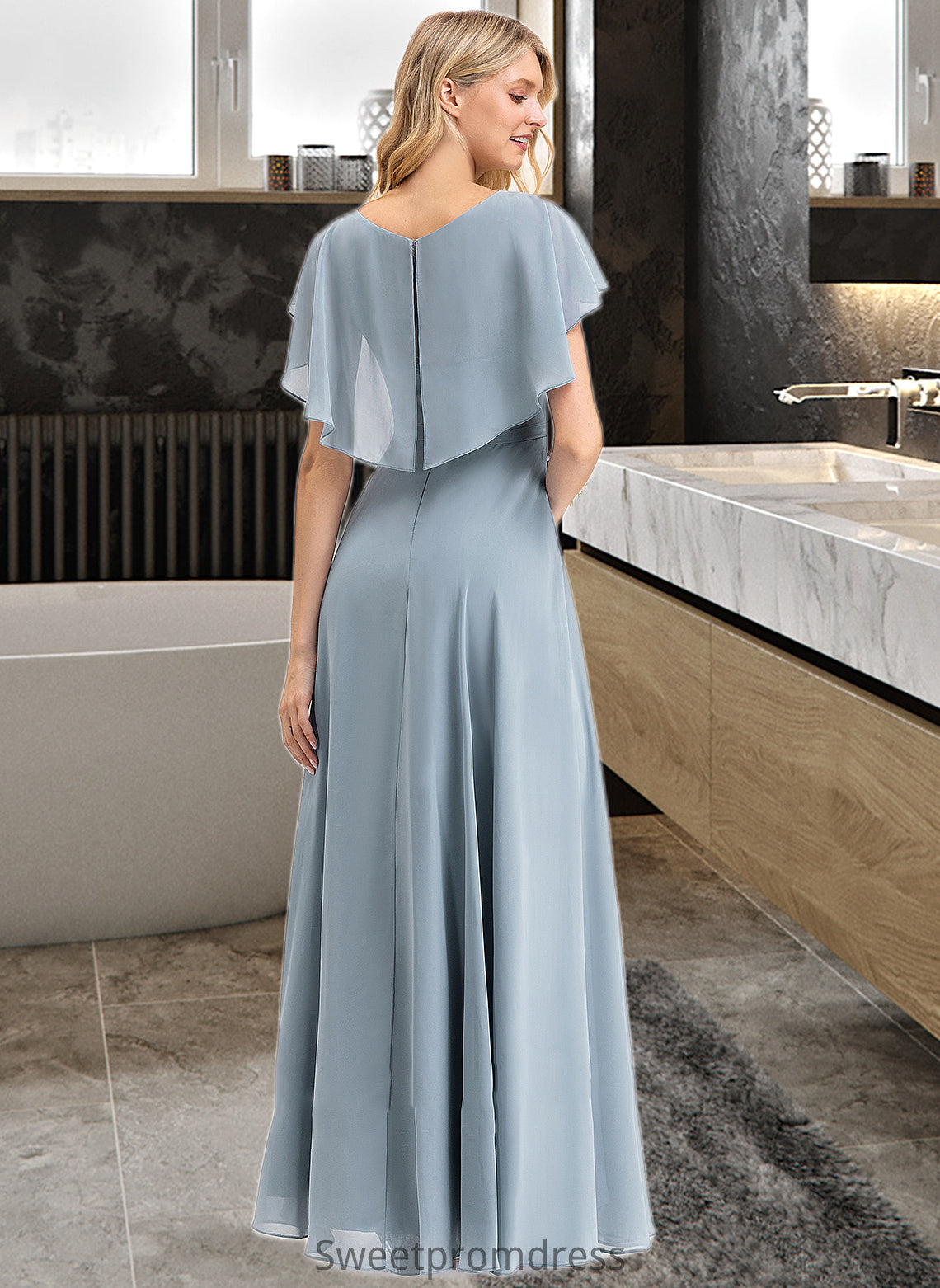 Alayna A-line V-Neck Floor-Length Chiffon Bridesmaid Dress With Cascading Ruffles DHP0012962