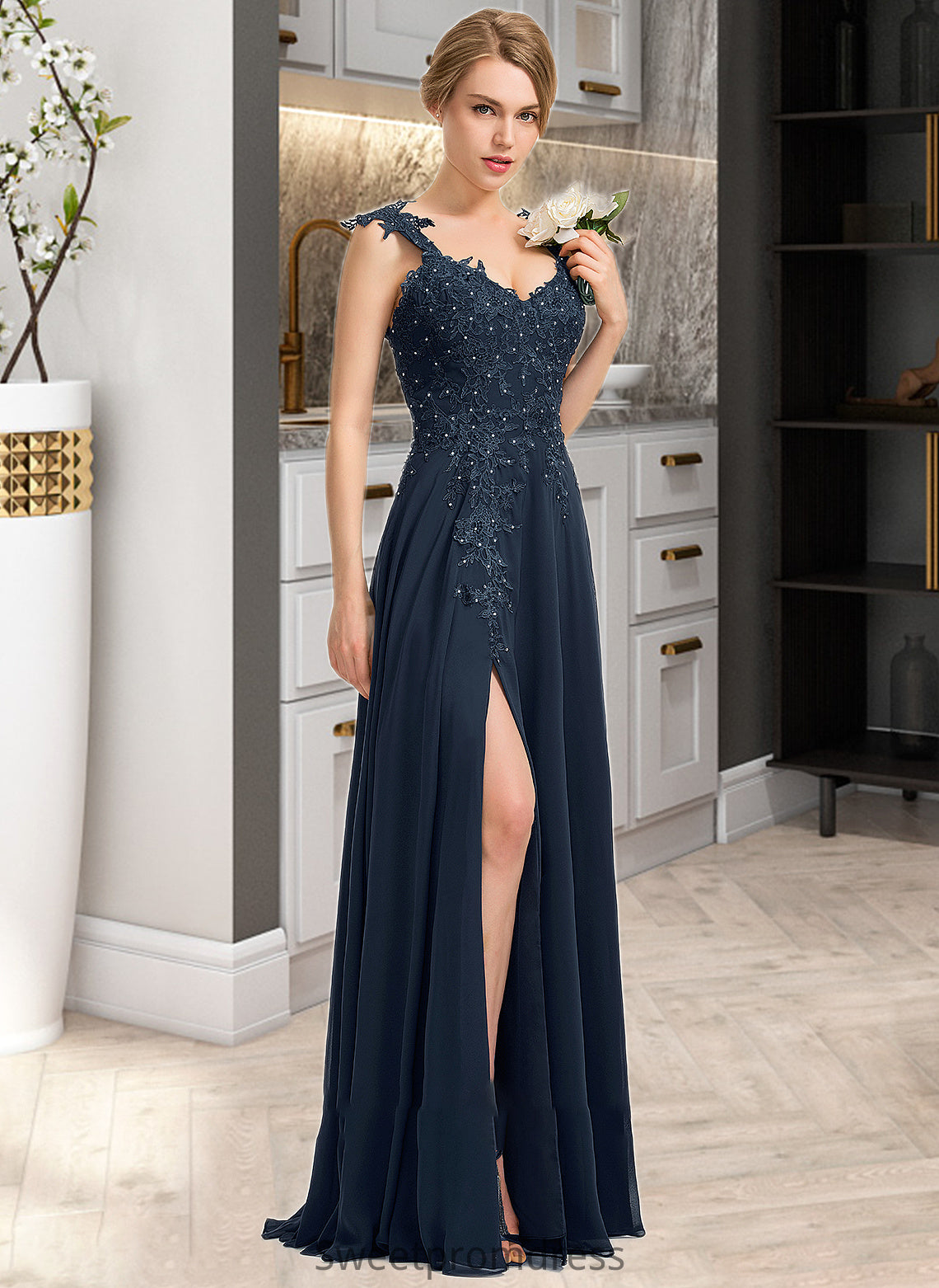 Naomi A-Line Sweetheart Floor-Length Chiffon Lace Bridesmaid Dress With Beading Split Front DHP0012963