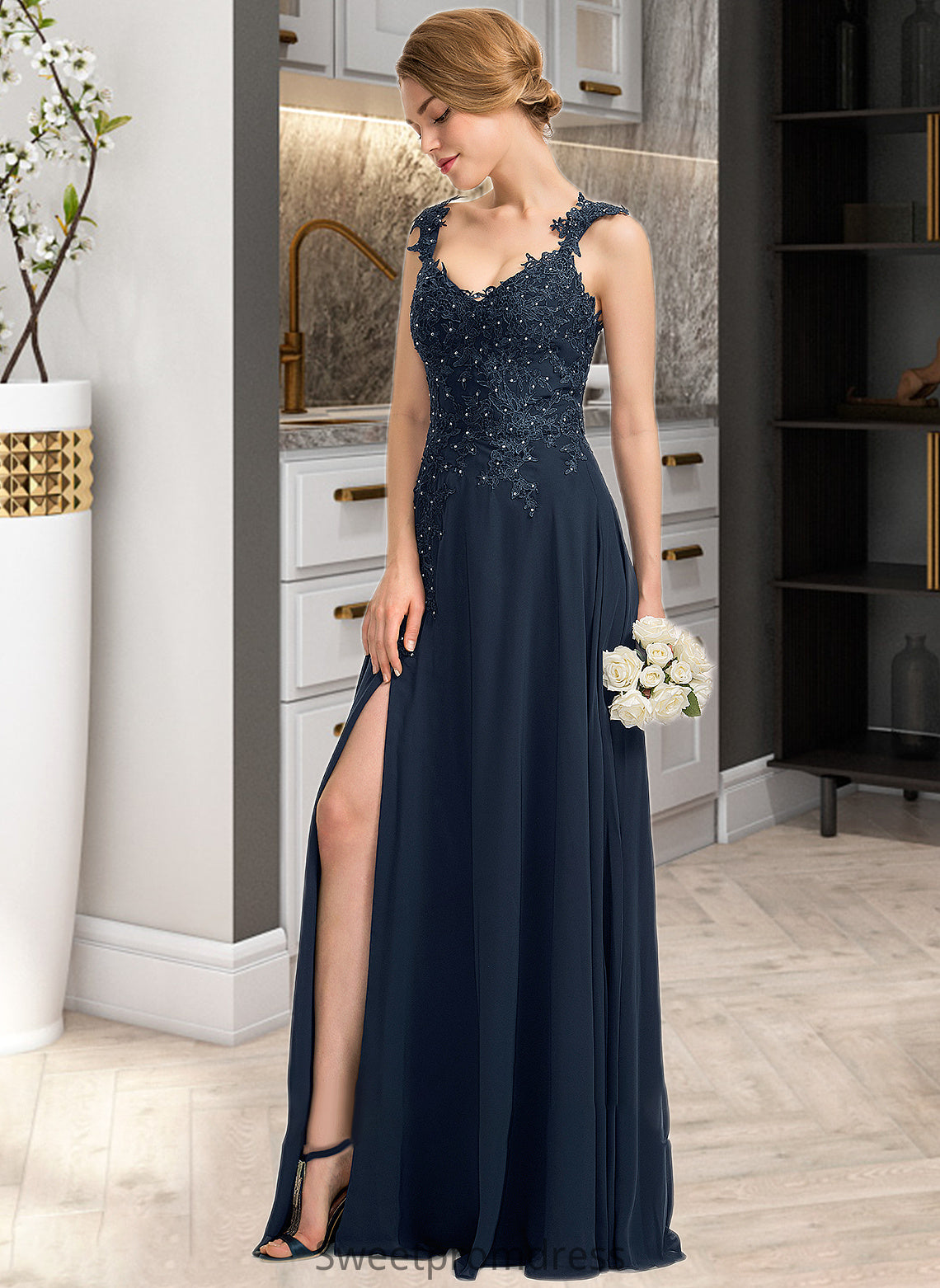 Naomi A-Line Sweetheart Floor-Length Chiffon Lace Bridesmaid Dress With Beading Split Front DHP0012963