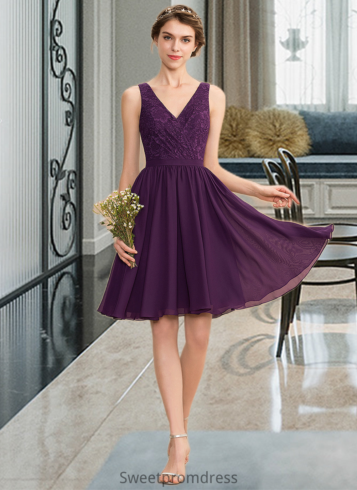 Alyson A-Line V-neck Knee-Length Chiffon Lace Bridesmaid Dress With Ruffle DHP0012964