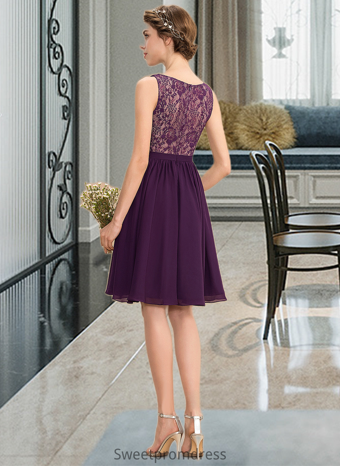 Alyson A-Line V-neck Knee-Length Chiffon Lace Bridesmaid Dress With Ruffle DHP0012964