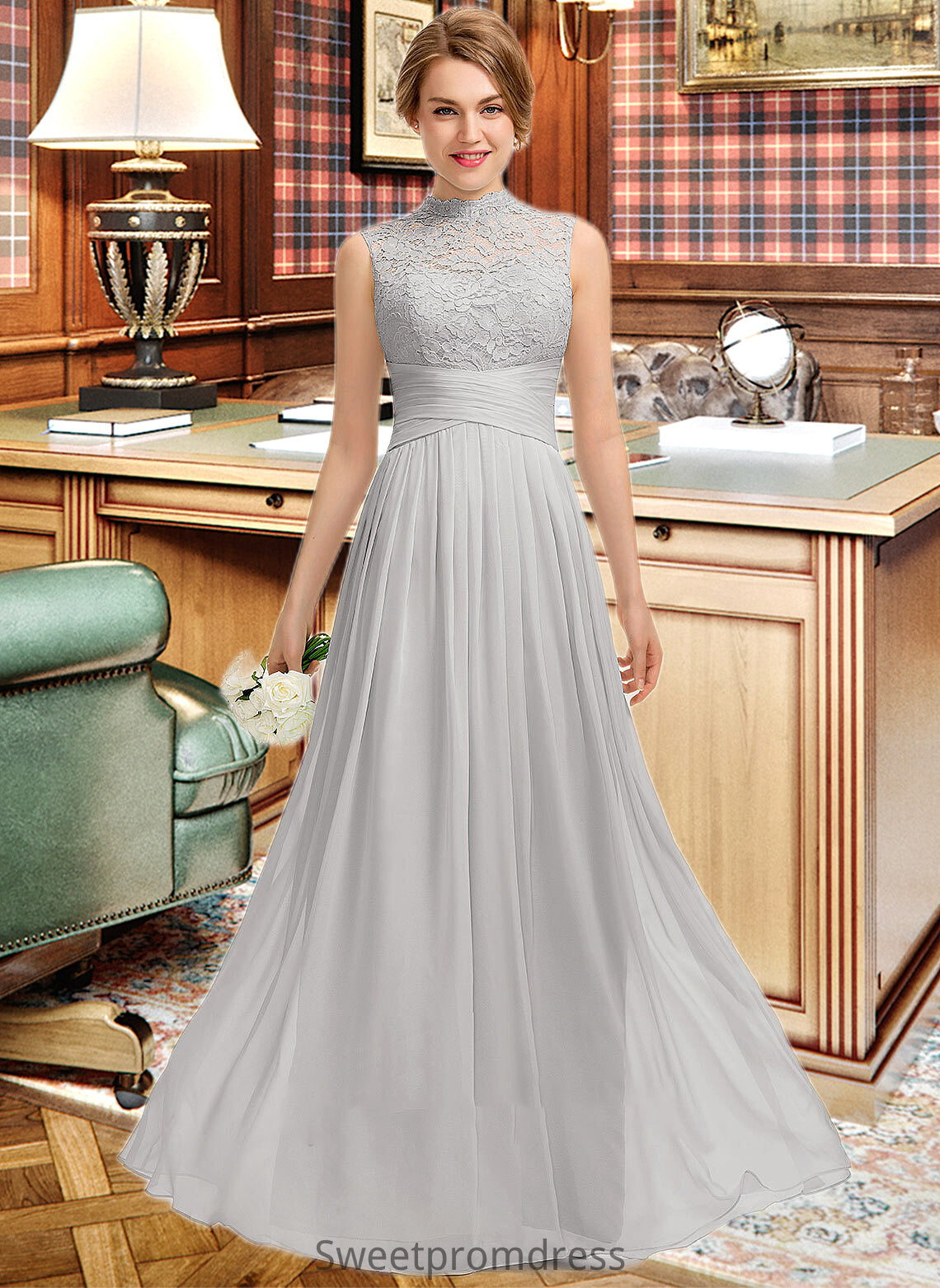 Ava A-line High Neck Floor-Length Chiffon Lace Bridesmaid Dress With Ruffle DHP0012966