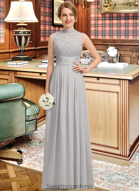 Ava A-line High Neck Floor-Length Chiffon Lace Bridesmaid Dress With Ruffle DHP0012966