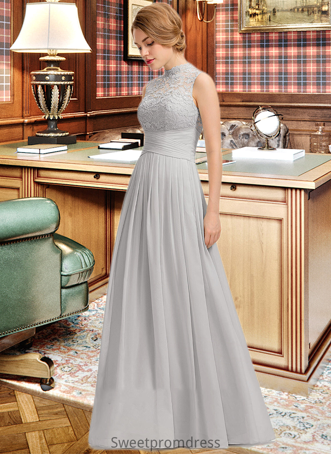 Ava A-line High Neck Floor-Length Chiffon Lace Bridesmaid Dress With Ruffle DHP0012966