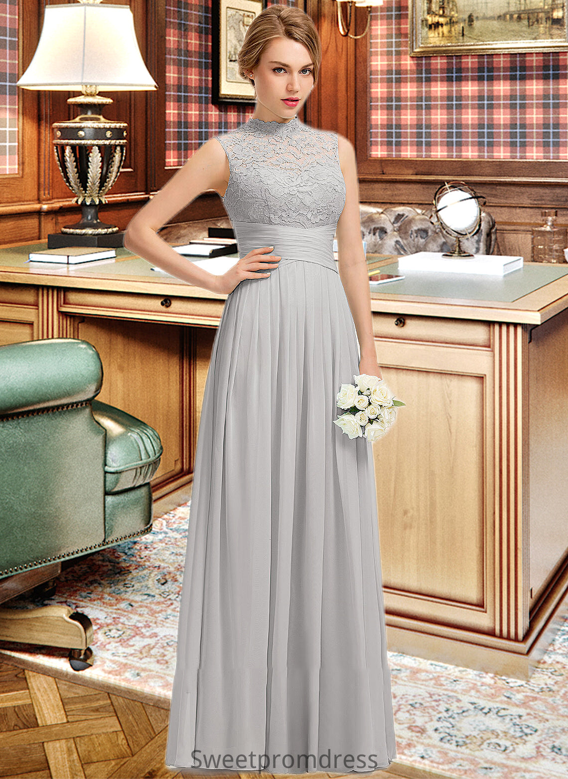 Ava A-line High Neck Floor-Length Chiffon Lace Bridesmaid Dress With Ruffle DHP0012966