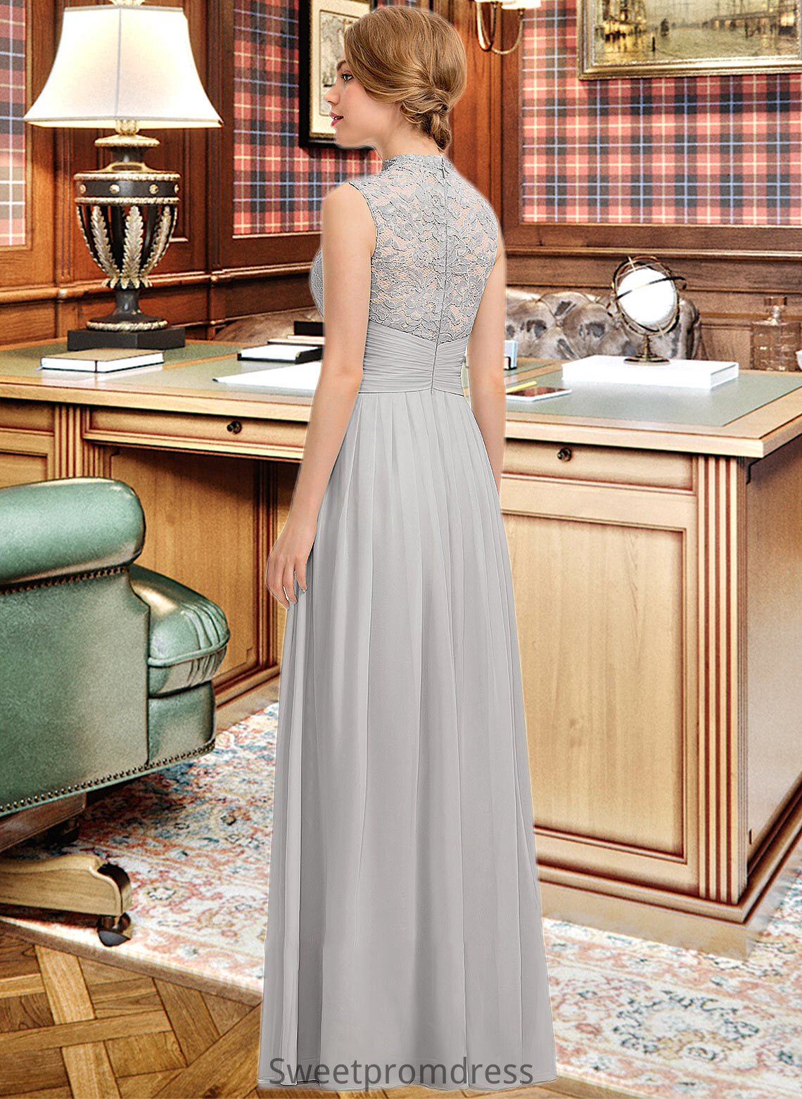 Ava A-line High Neck Floor-Length Chiffon Lace Bridesmaid Dress With Ruffle DHP0012966