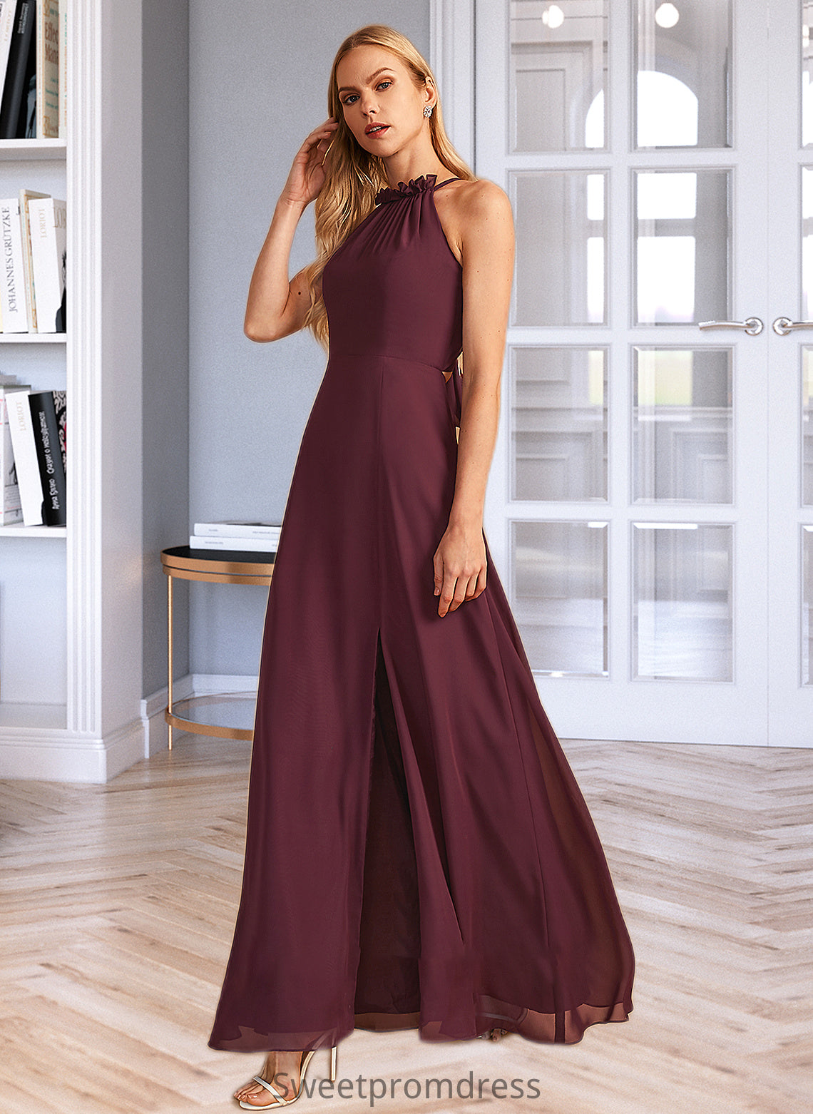 LuLu A-Line High Neck Floor-Length Bridesmaid Dress With Split Front DHP0012968