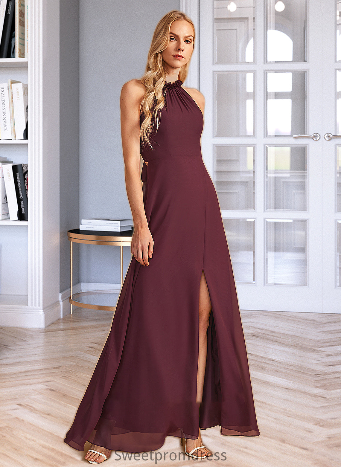 LuLu A-Line High Neck Floor-Length Bridesmaid Dress With Split Front DHP0012968