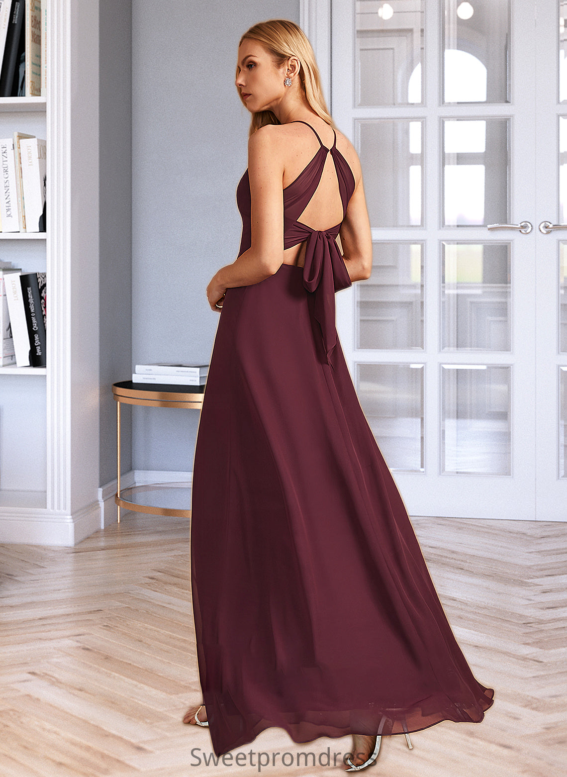 LuLu A-Line High Neck Floor-Length Bridesmaid Dress With Split Front DHP0012968