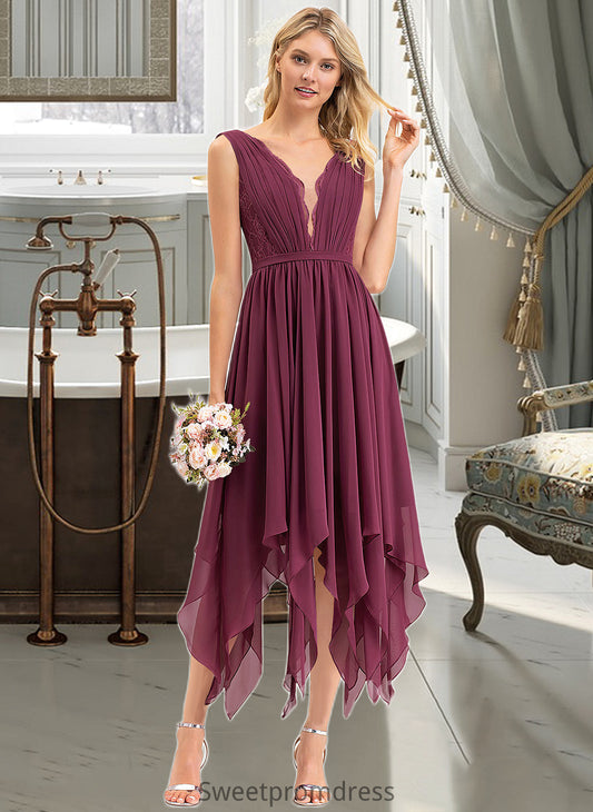 Aiyana A-line V-Neck Ankle-Length Chiffon Lace Bridesmaid Dress DHP0012969