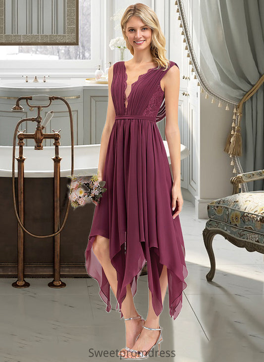 Aiyana A-line V-Neck Ankle-Length Chiffon Lace Bridesmaid Dress DHP0012969