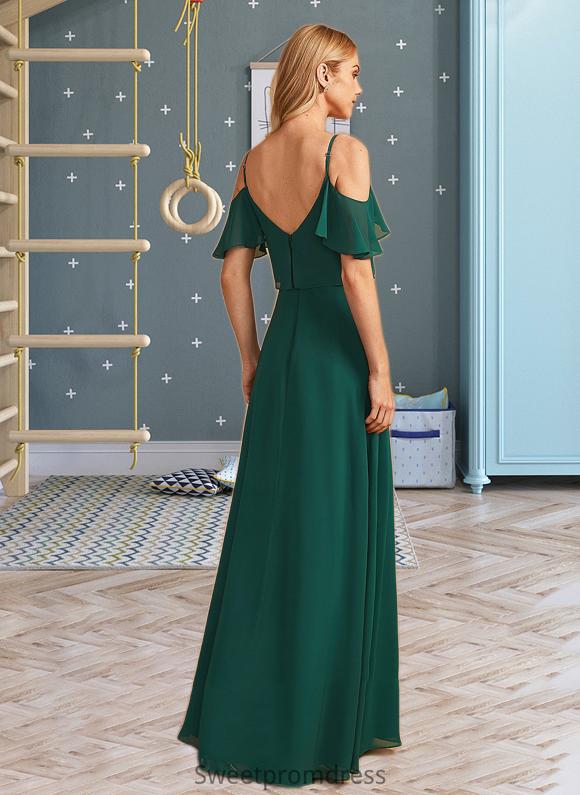 Mariela A-Line V-neck Floor-Length Bridesmaid Dress With Ruffle DHP0012970