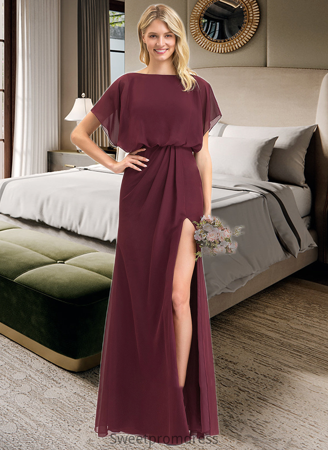 Karla Sheath/Column Scoop Neck Floor-Length Chiffon Bridesmaid Dress With Ruffle Split Front DHP0012972