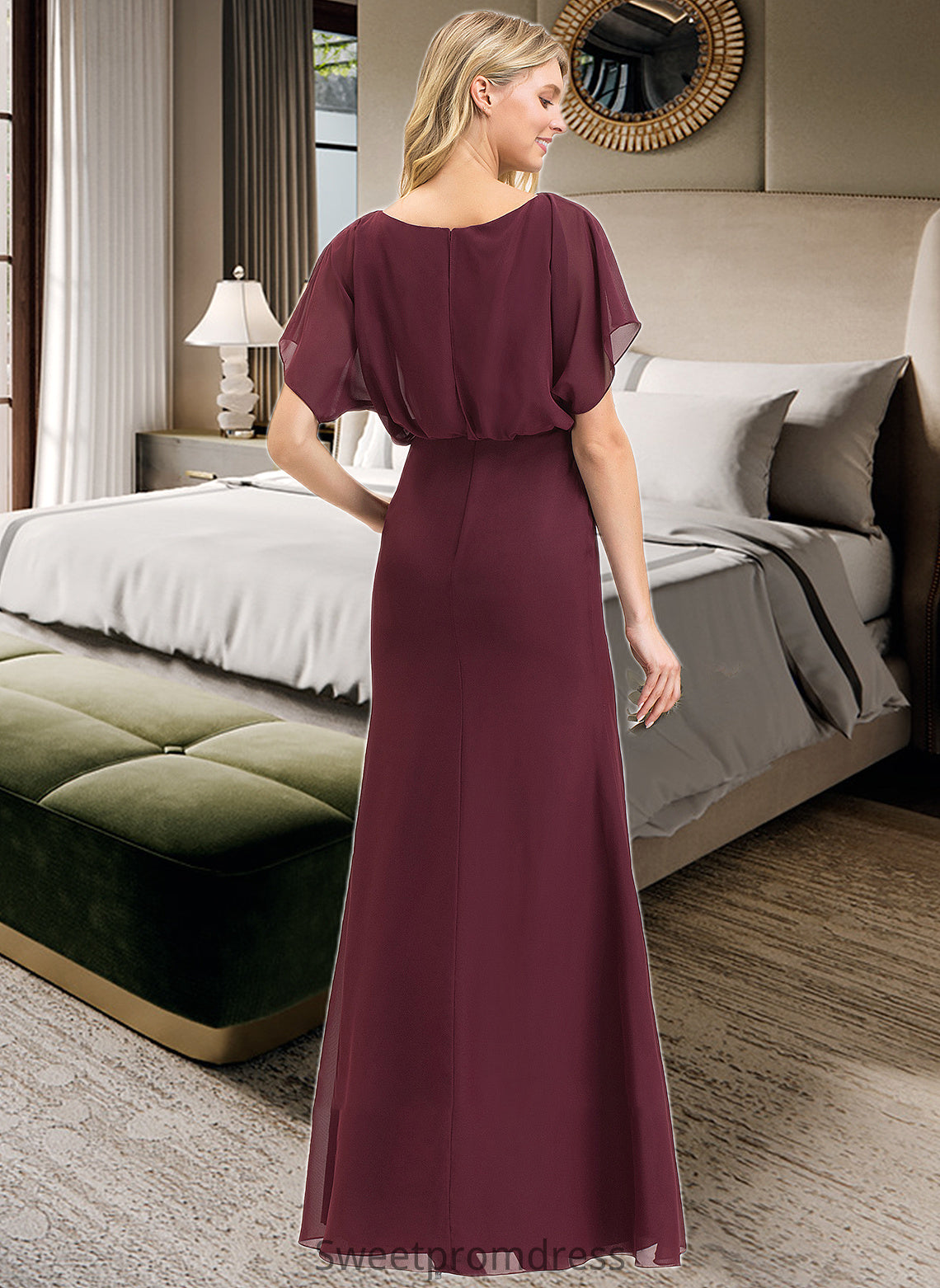 Karla Sheath/Column Scoop Neck Floor-Length Chiffon Bridesmaid Dress With Ruffle Split Front DHP0012972