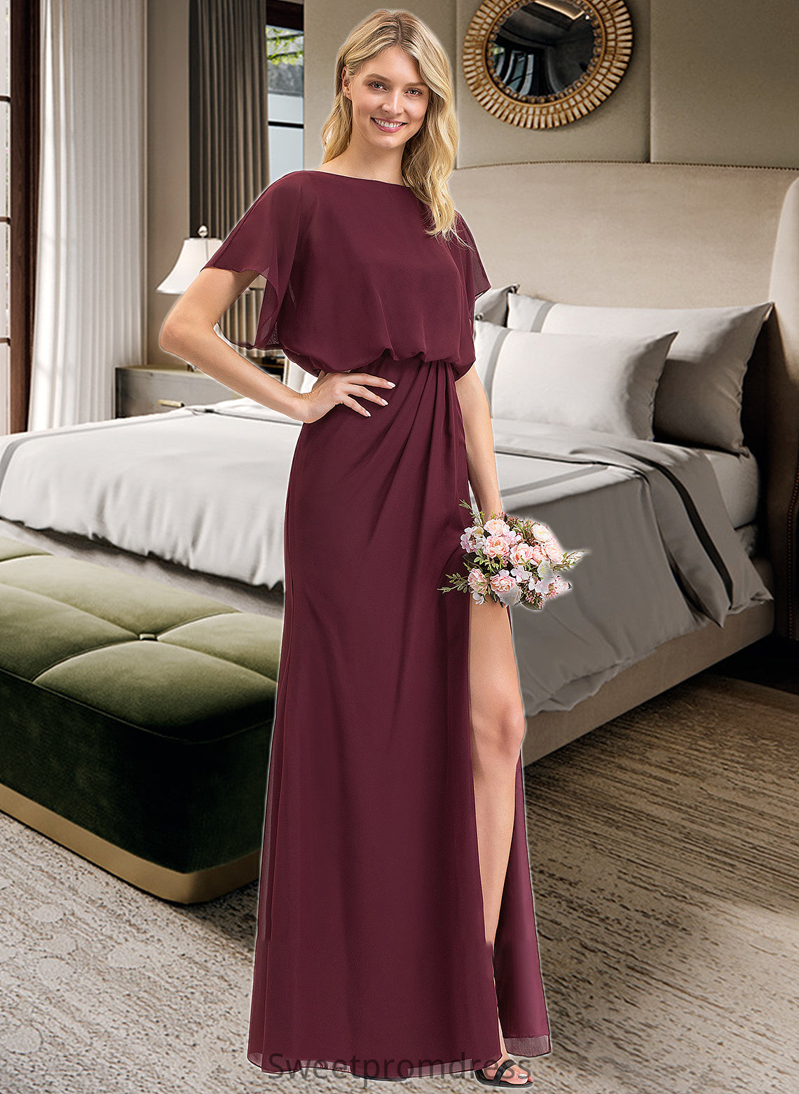 Karla Sheath/Column Scoop Neck Floor-Length Chiffon Bridesmaid Dress With Ruffle Split Front DHP0012972