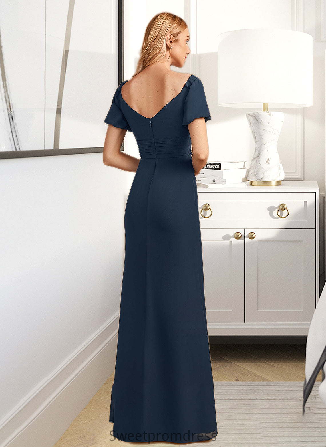 Iris Sheath/Column V-neck Floor-Length Bridesmaid Dress With Split Front DHP0012976