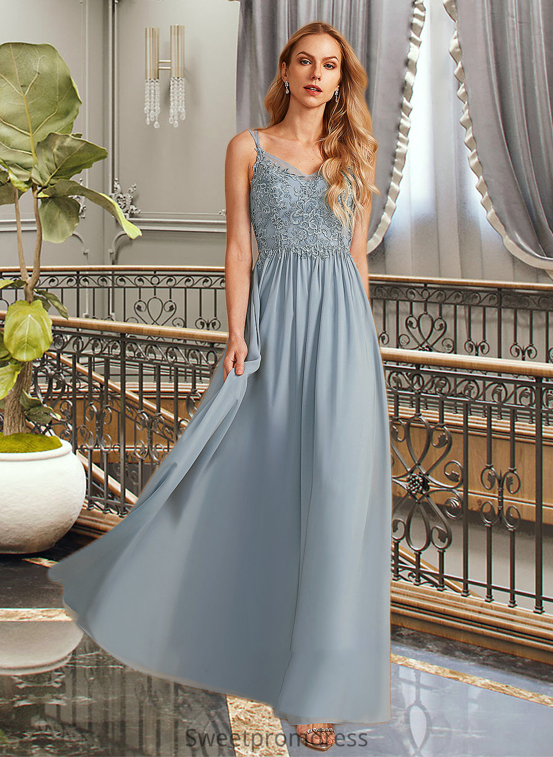 Ashlee A-Line V-neck Floor-Length Bridesmaid Dress With Ruffle DHP0012977