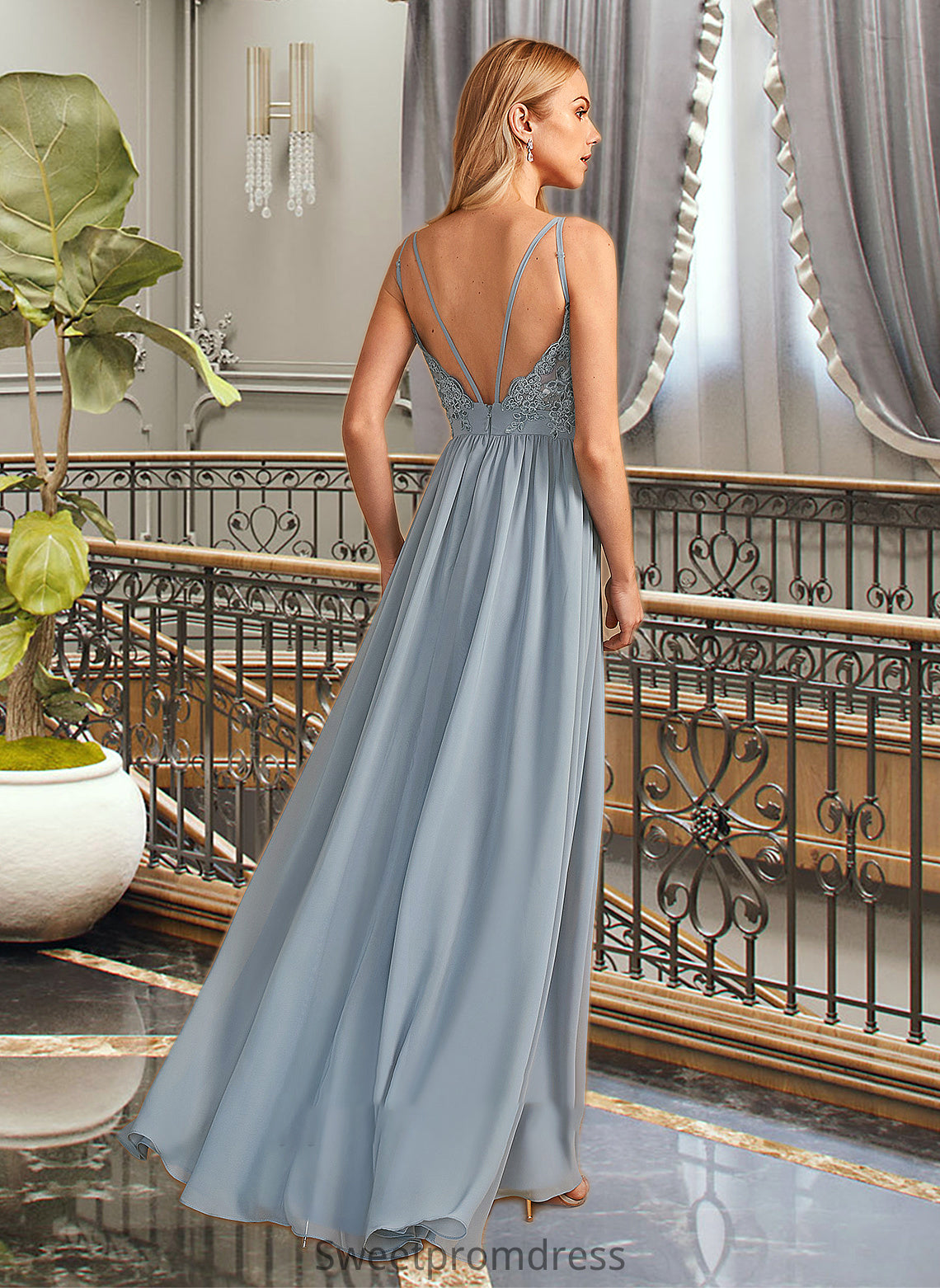 Ashlee A-Line V-neck Floor-Length Bridesmaid Dress With Ruffle DHP0012977