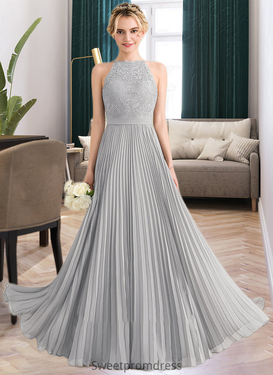 Patience A-Line Scoop Neck Floor-Length Chiffon Lace Bridesmaid Dress With Pleated DHP0012980