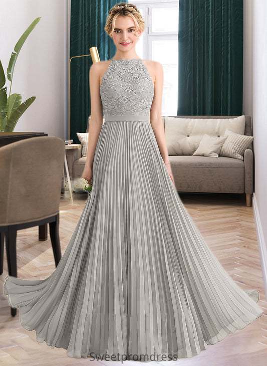 Patience A-Line Scoop Neck Floor-Length Chiffon Lace Bridesmaid Dress With Pleated DHP0012980