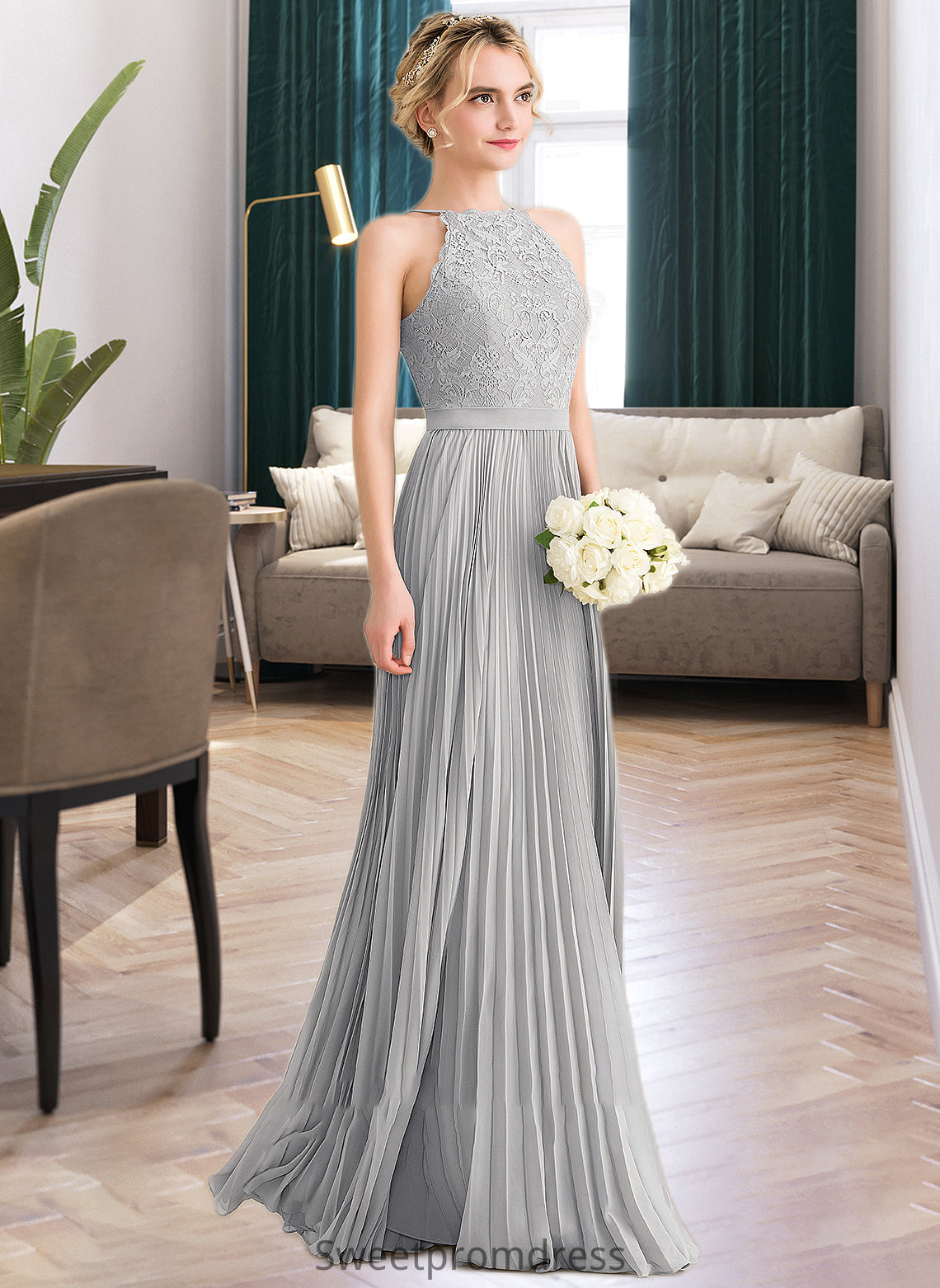 Patience A-Line Scoop Neck Floor-Length Chiffon Lace Bridesmaid Dress With Pleated DHP0012980