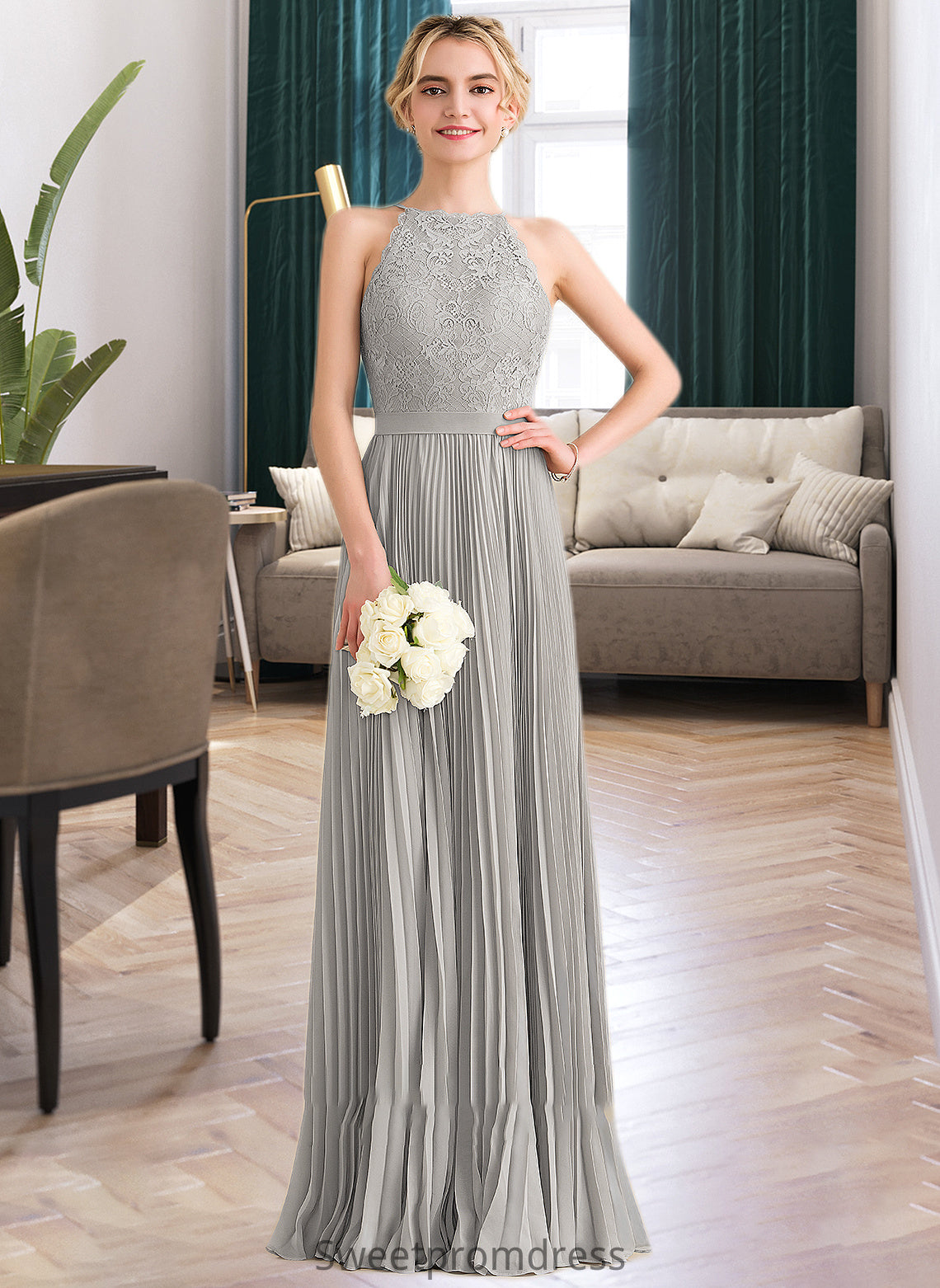 Patience A-Line Scoop Neck Floor-Length Chiffon Lace Bridesmaid Dress With Pleated DHP0012980