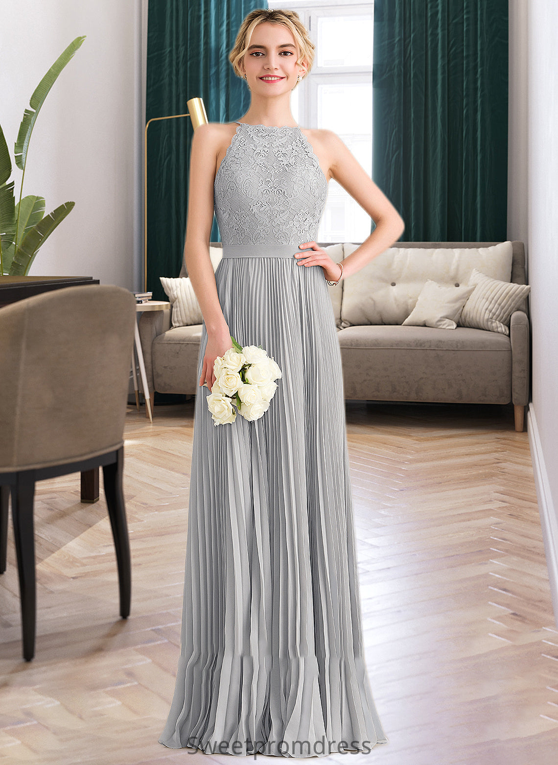 Patience A-Line Scoop Neck Floor-Length Chiffon Lace Bridesmaid Dress With Pleated DHP0012980