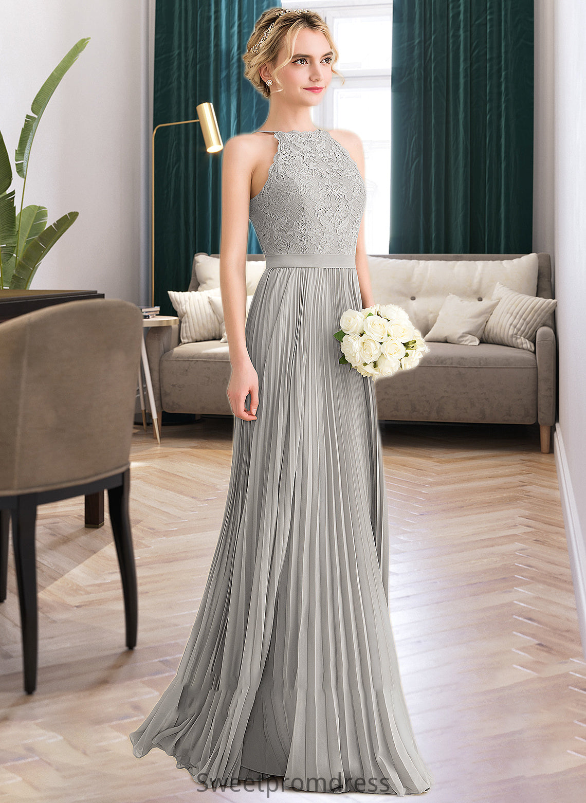 Patience A-Line Scoop Neck Floor-Length Chiffon Lace Bridesmaid Dress With Pleated DHP0012980