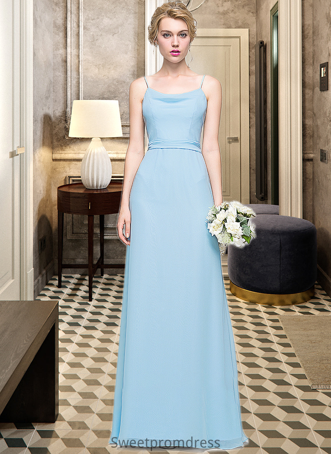 Belinda A-Line Cowl Neck Floor-Length Chiffon Bridesmaid Dress With Ruffle DHP0012981