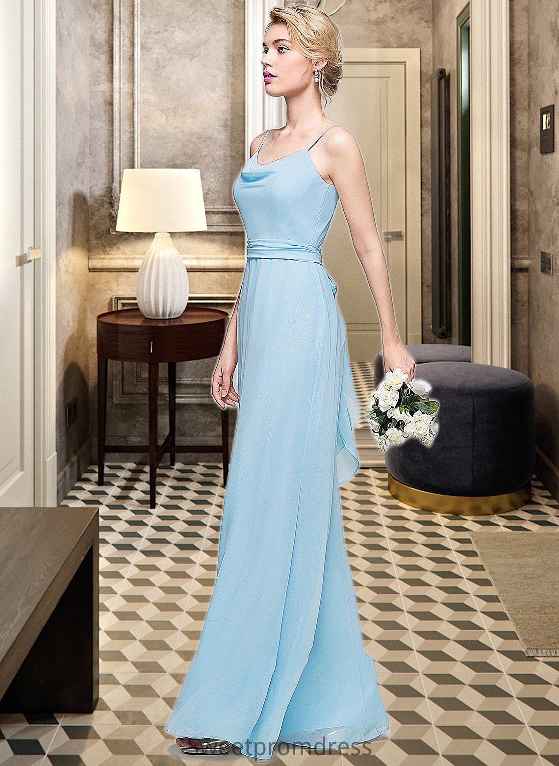 Belinda A-Line Cowl Neck Floor-Length Chiffon Bridesmaid Dress With Ruffle DHP0012981