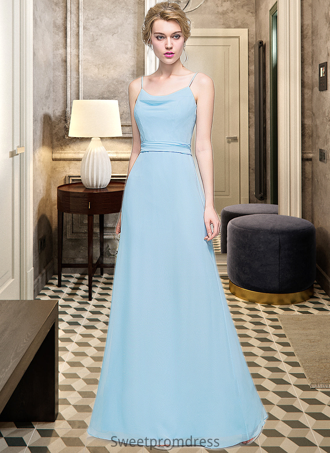 Belinda A-Line Cowl Neck Floor-Length Chiffon Bridesmaid Dress With Ruffle DHP0012981