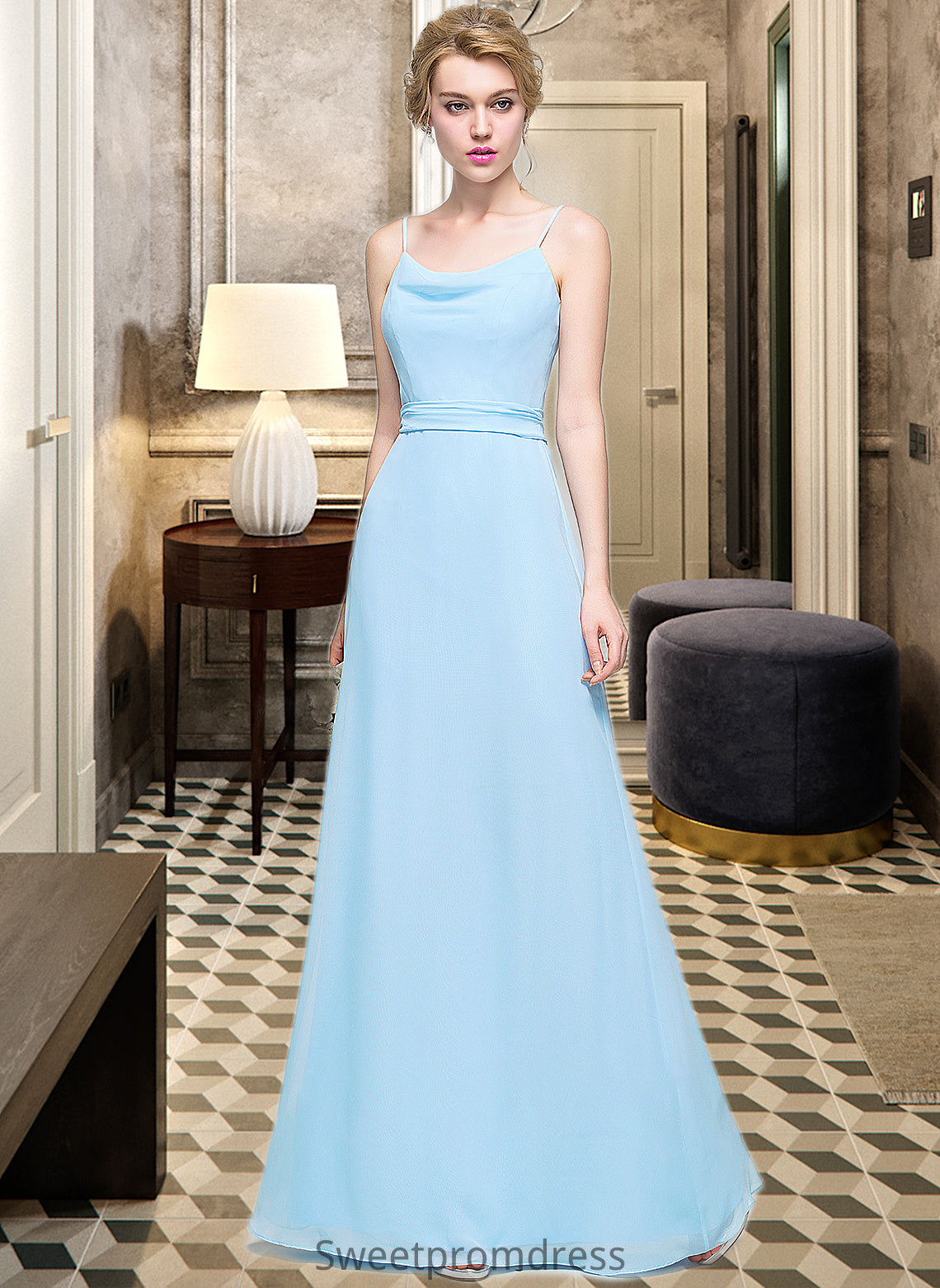 Belinda A-Line Cowl Neck Floor-Length Chiffon Bridesmaid Dress With Ruffle DHP0012981