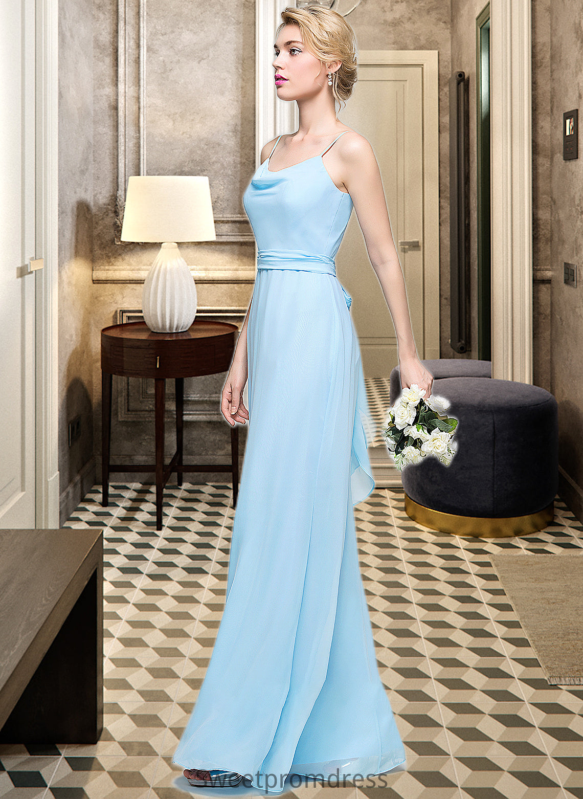 Belinda A-Line Cowl Neck Floor-Length Chiffon Bridesmaid Dress With Ruffle DHP0012981