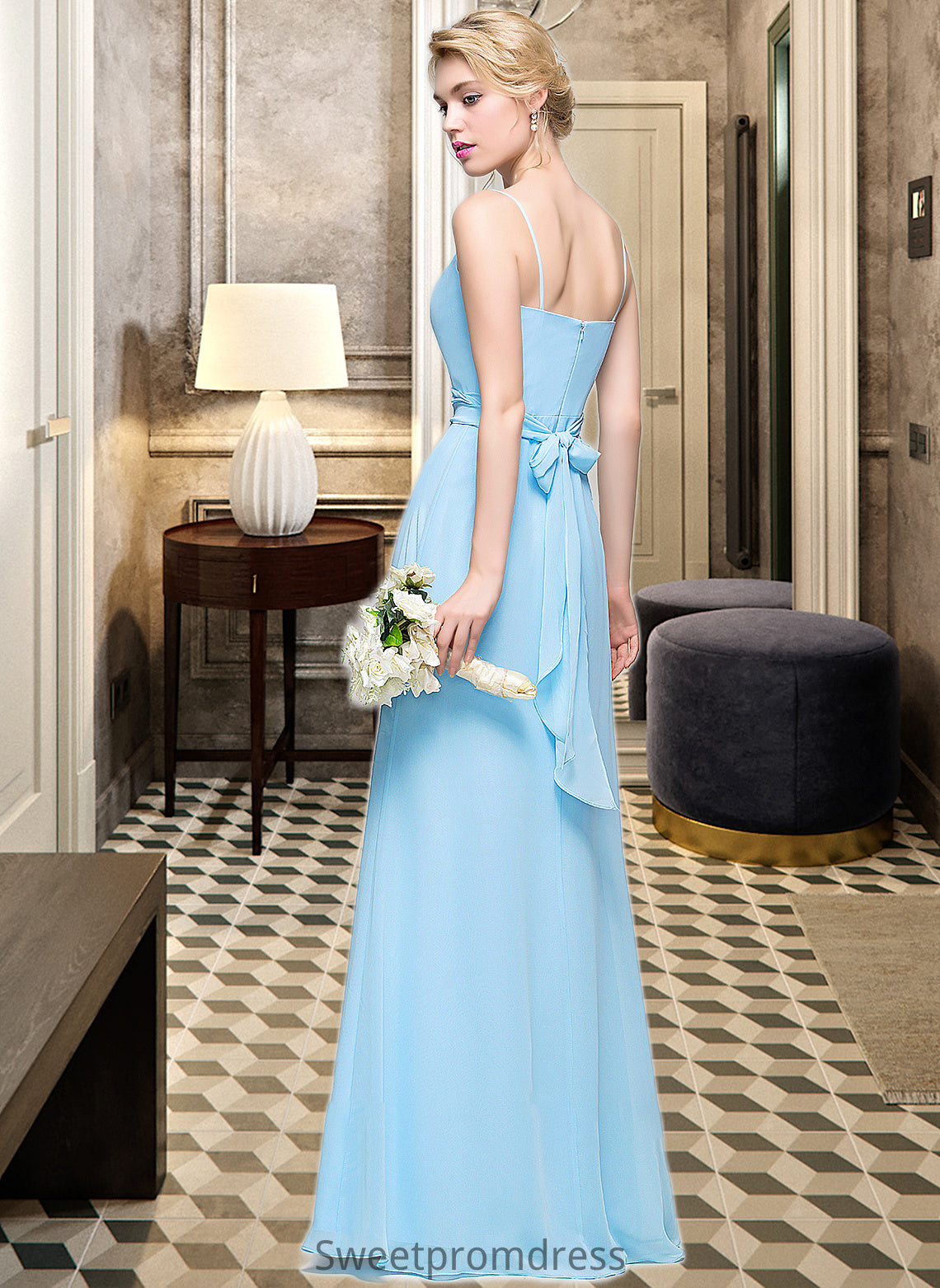 Belinda A-Line Cowl Neck Floor-Length Chiffon Bridesmaid Dress With Ruffle DHP0012981