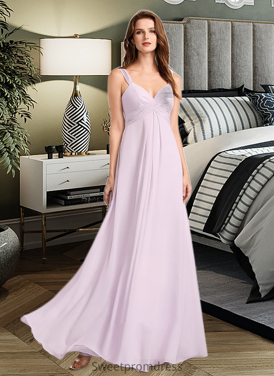 Marlee A-Line V-neck Floor-Length Bridesmaid Dress With Ruffle DHP0012982