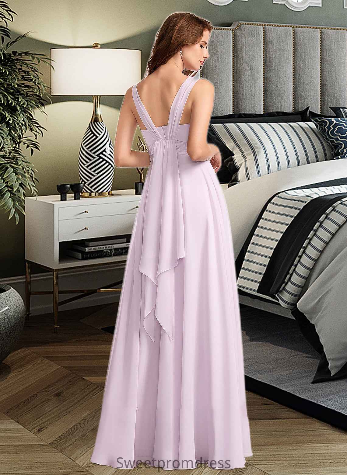 Marlee A-Line V-neck Floor-Length Bridesmaid Dress With Ruffle DHP0012982