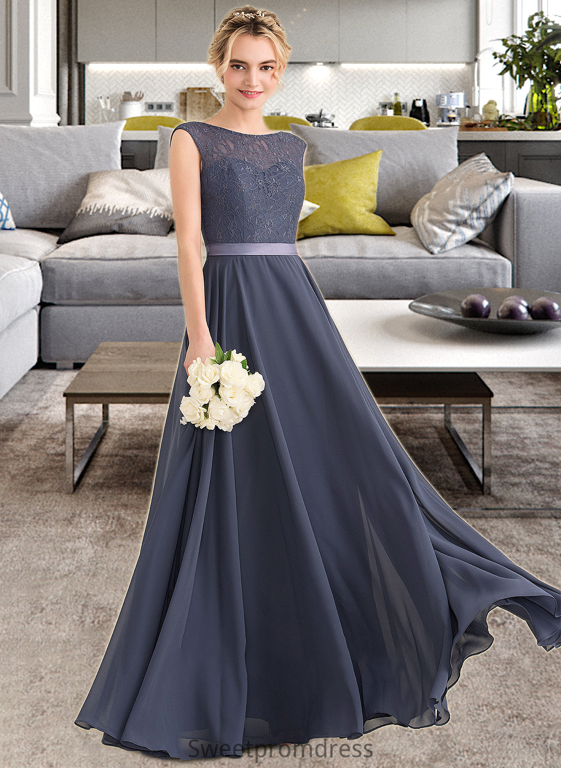 Sage A-Line Scoop Neck Floor-Length Chiffon Lace Bridesmaid Dress With Bow(s) DHP0012984