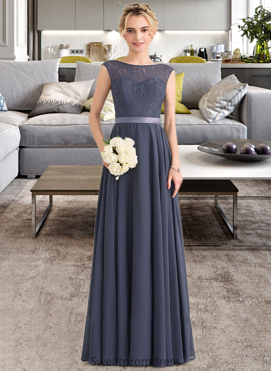 Sage A-Line Scoop Neck Floor-Length Chiffon Lace Bridesmaid Dress With Bow(s) DHP0012984