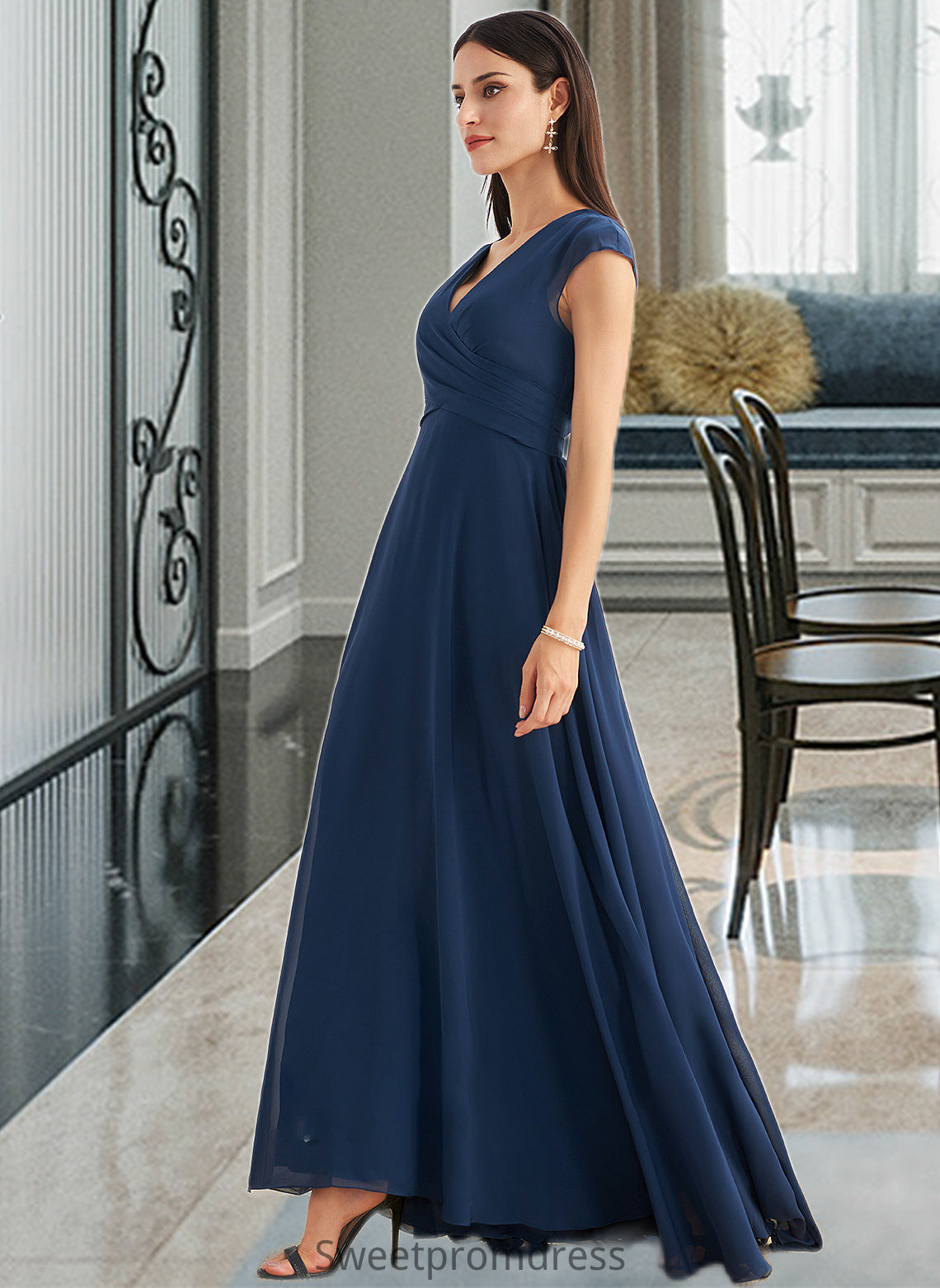 Skye A-Line V-neck Floor-Length Bridesmaid Dress With Ruffle DHP0012986