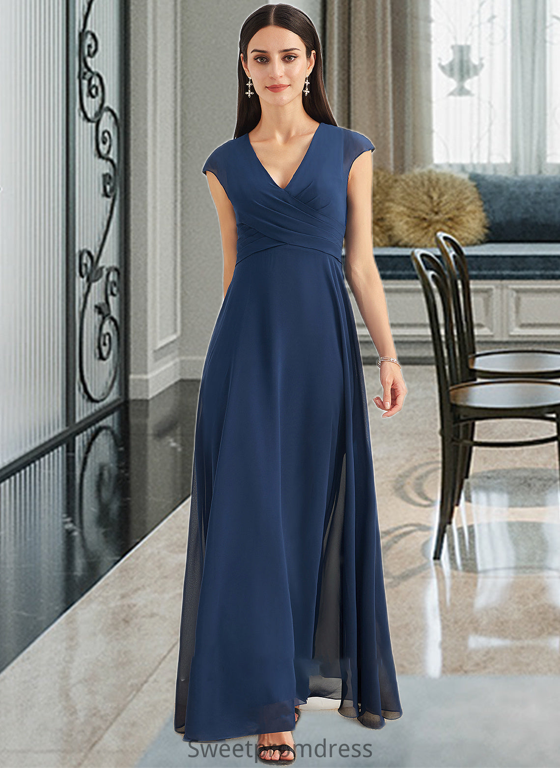 Skye A-Line V-neck Floor-Length Bridesmaid Dress With Ruffle DHP0012986