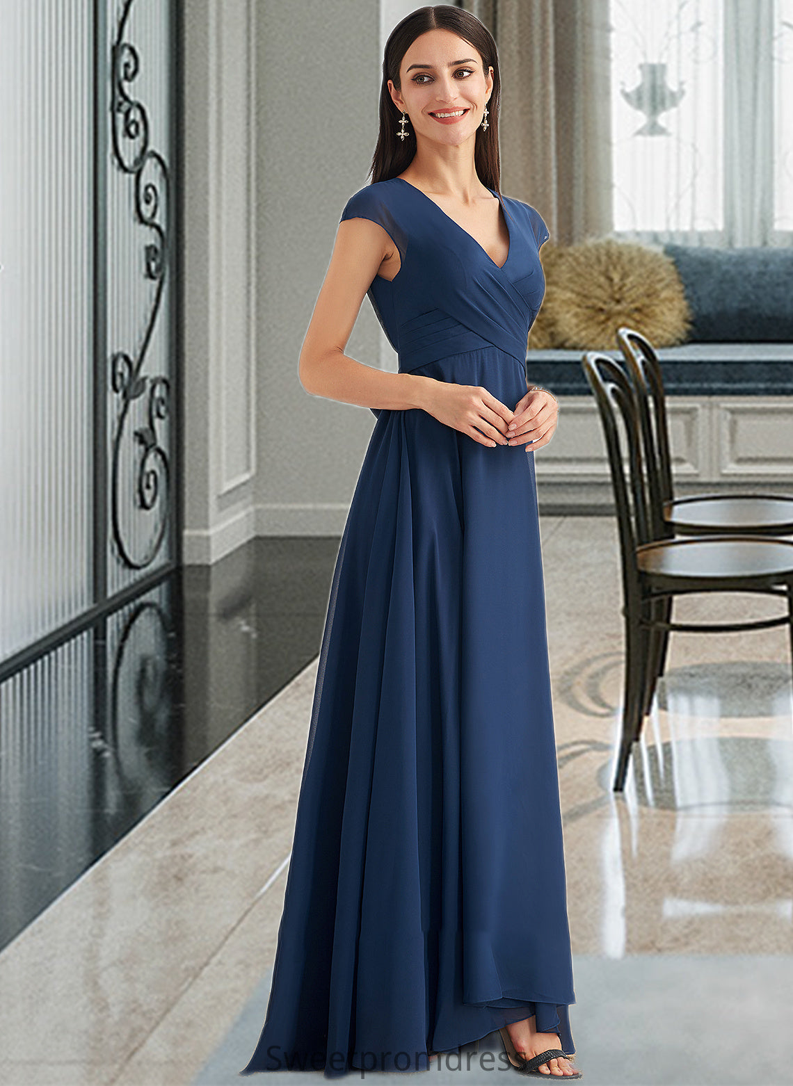 Skye A-Line V-neck Floor-Length Bridesmaid Dress With Ruffle DHP0012986