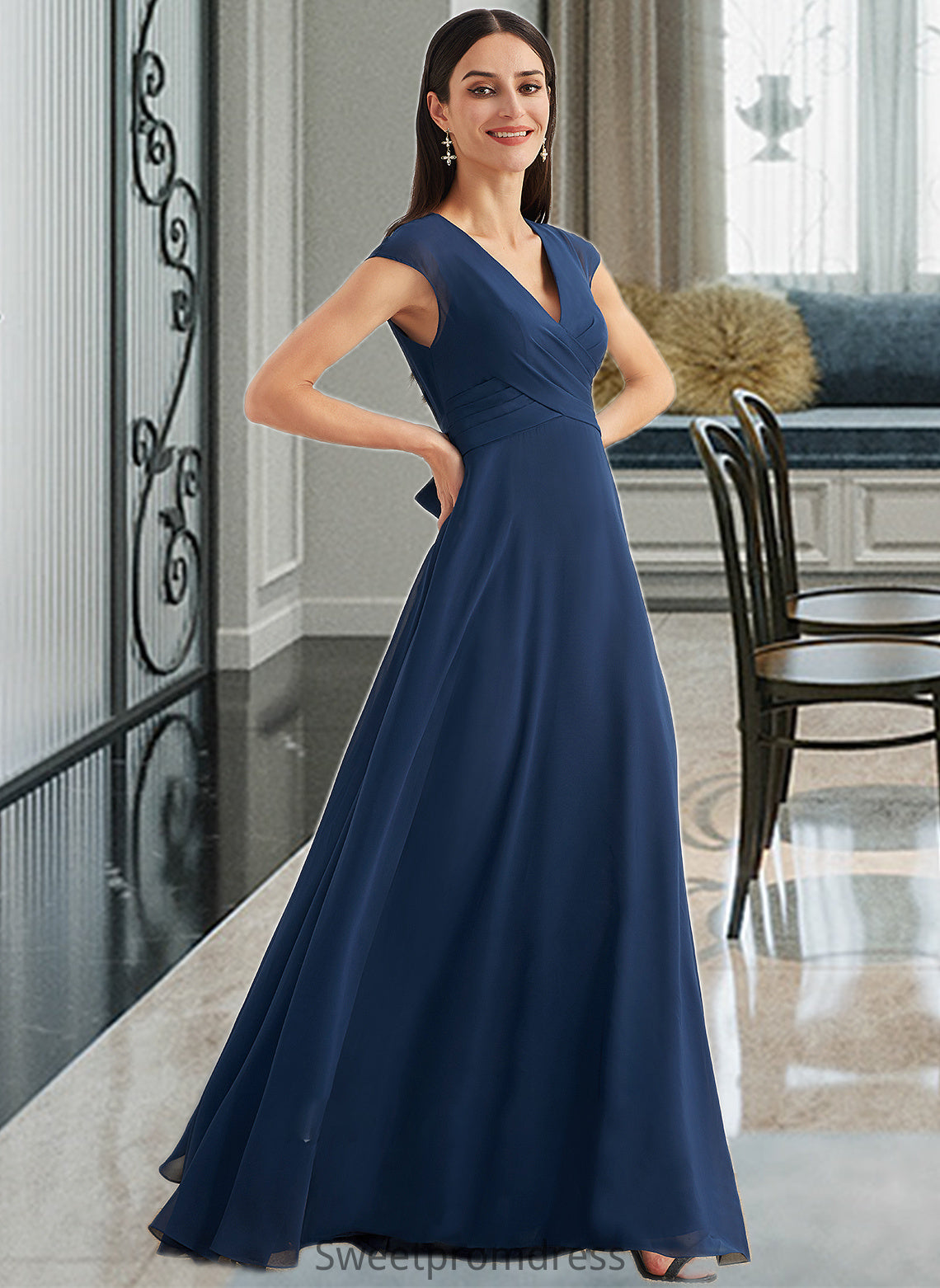 Skye A-Line V-neck Floor-Length Bridesmaid Dress With Ruffle DHP0012986