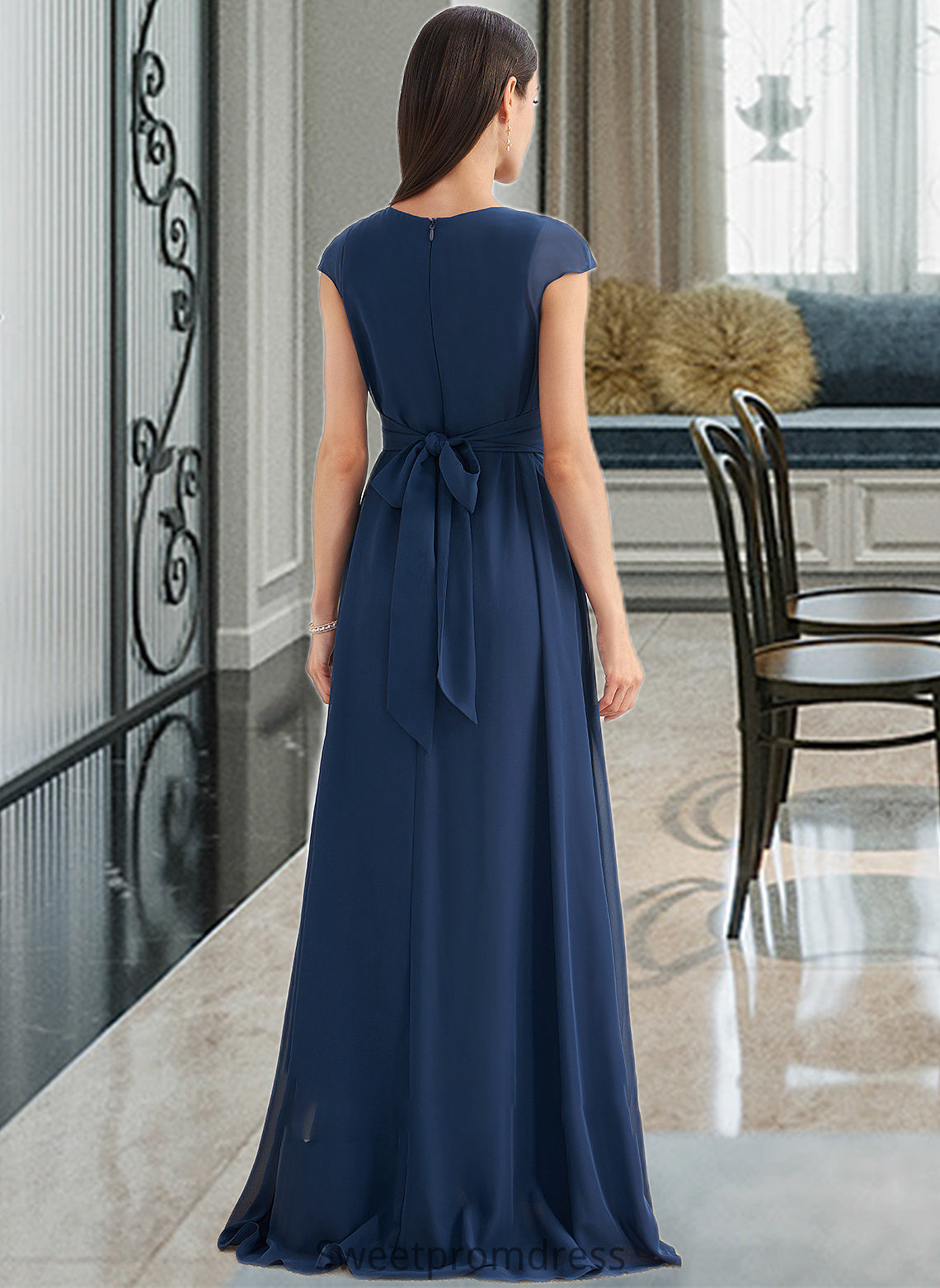 Skye A-Line V-neck Floor-Length Bridesmaid Dress With Ruffle DHP0012986