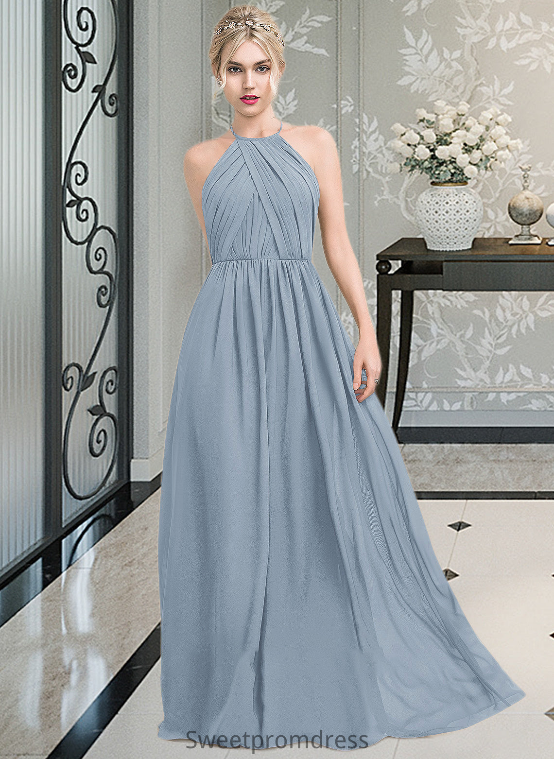 Damaris A-Line Scoop Neck Floor-Length Chiffon Bridesmaid Dress With Ruffle DHP0012989