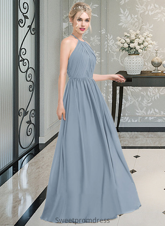 Damaris A-Line Scoop Neck Floor-Length Chiffon Bridesmaid Dress With Ruffle DHP0012989